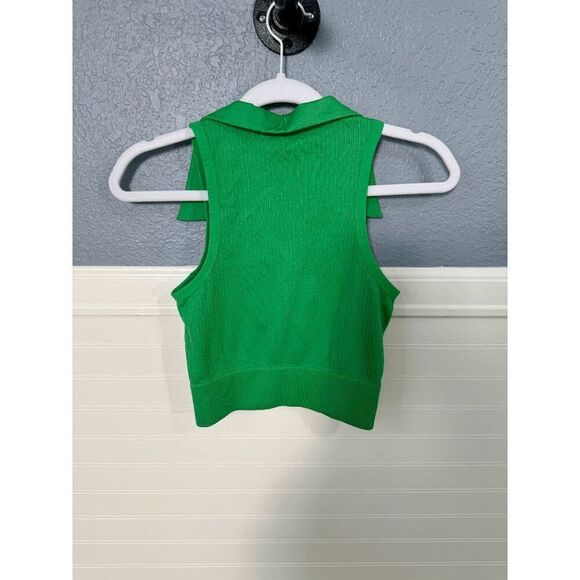 Diane von Furstenberg Ribbed Collared Crop Top Kelly Green - Picture 4 of 8